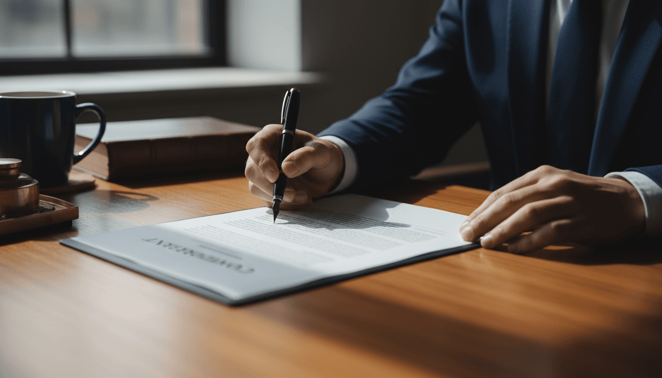 Attorney's hands reviewing a contract on a desk